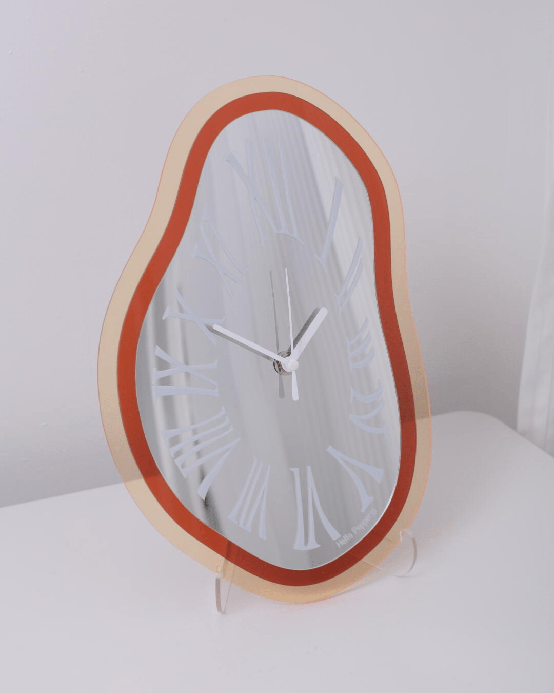 Amber orange melting time acrylic wall clock surrealist art decor Hello Pepper