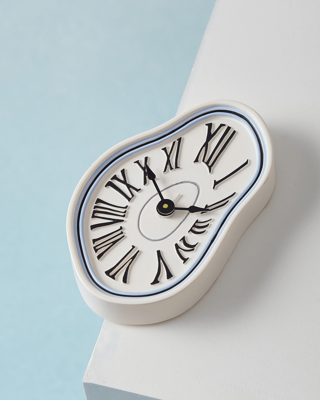 Hand-painted surrealist white blue melting clock fridge magnet Hello Pepper