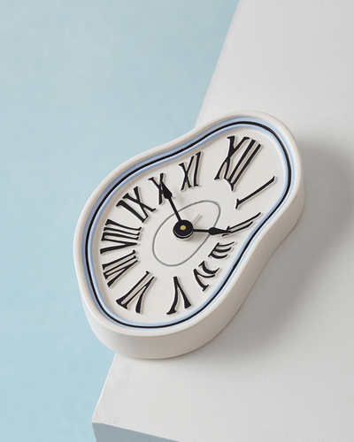Hand-painted surrealist white blue melting clock fridge magnet Hello Pepper