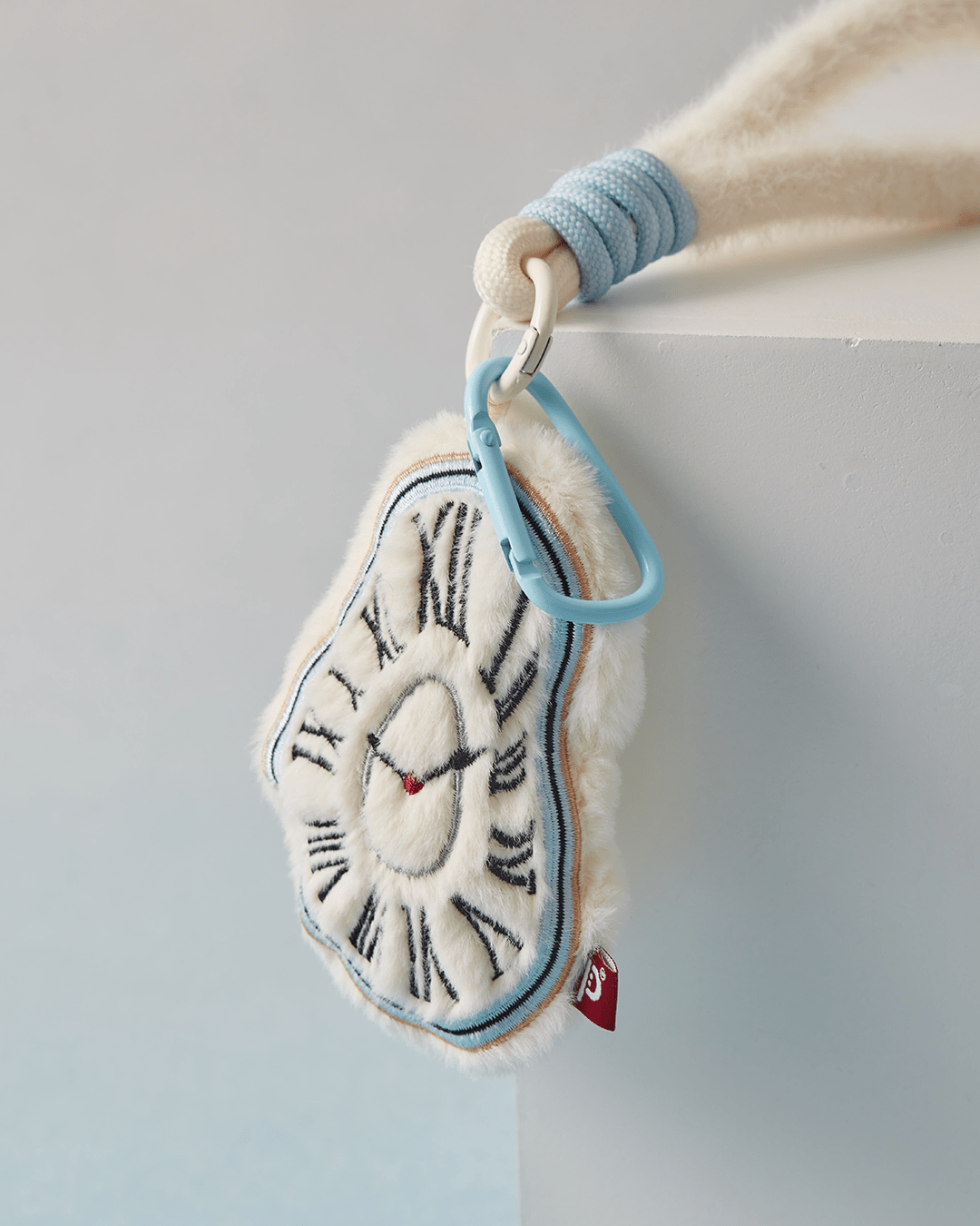 Baby blue carabiner clip plush strap melting clock charm Hello Pepper