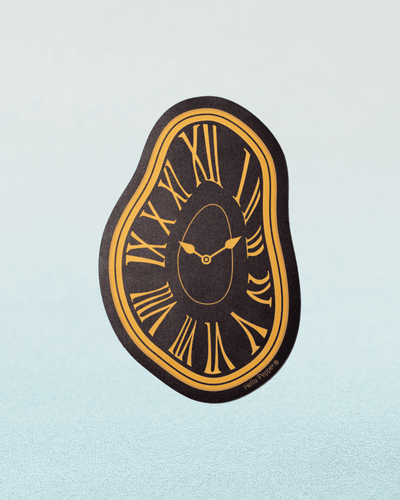 Natural sisal cat scratcher mat midnight black gold Roman numeral melting clock Hello Pepper